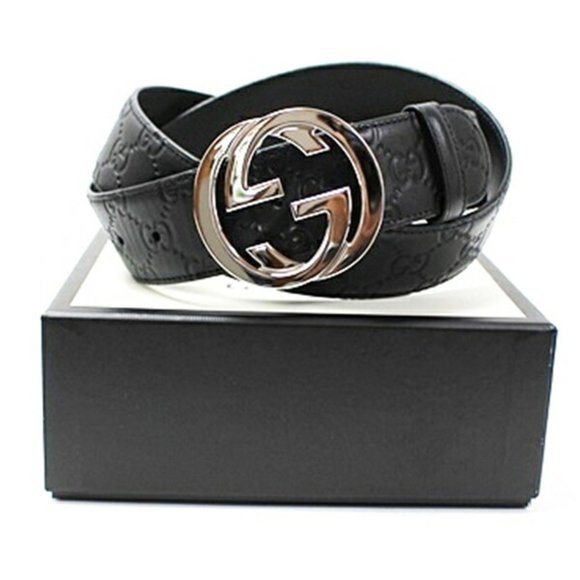 Gucci Shima Interlocking Leather Belt 411924 Black and Silver, 113cm Total Le... - Picture 1 of 10